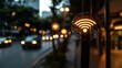 © typepng - A night view of a futuristic cityscape with floating glowing network icons, highlighting smart city technology and interconnected urban infrastructure:Nighttime futuristic city with floating, glowing
