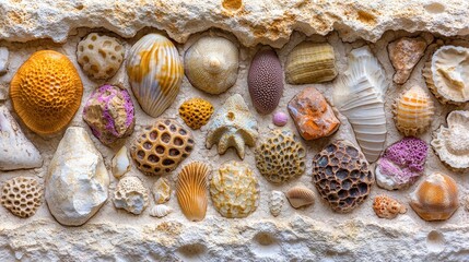 Wall Mural - Seashells embedded in stone wall; coastal texture background; home decor