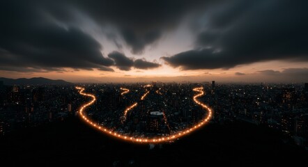 Poster - above the city, a telecommunication network supports wireless mobile internet technology, essential 