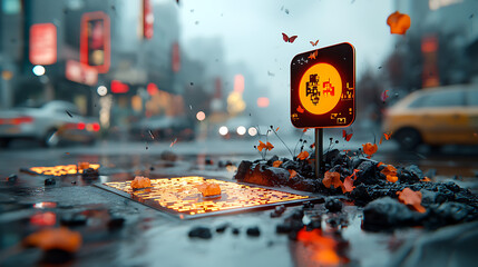 Poster - Urban traffic signal surrounded by autumn leaves city street digital art scene foggy environment low angle view futuristic concept