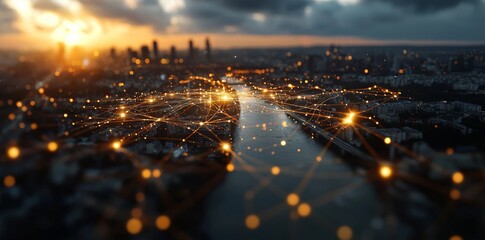 Poster - nighttime abstract city lights dazzle beneath the river bridge, united by network connectivity, harn