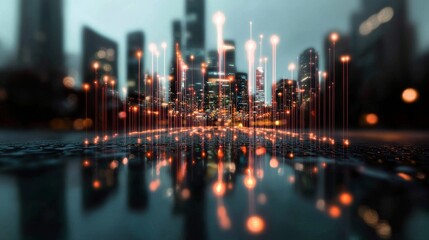 Aufkleber - Network connections and intelligent city infrastructure of smart city building technology are showcased on a dark blue background in this modern, high-tech illustration