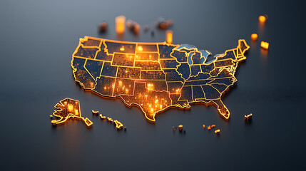 Poster - Illuminated digital map of the united states data visualization technology interactive display close-up view modern concept for urban development insights