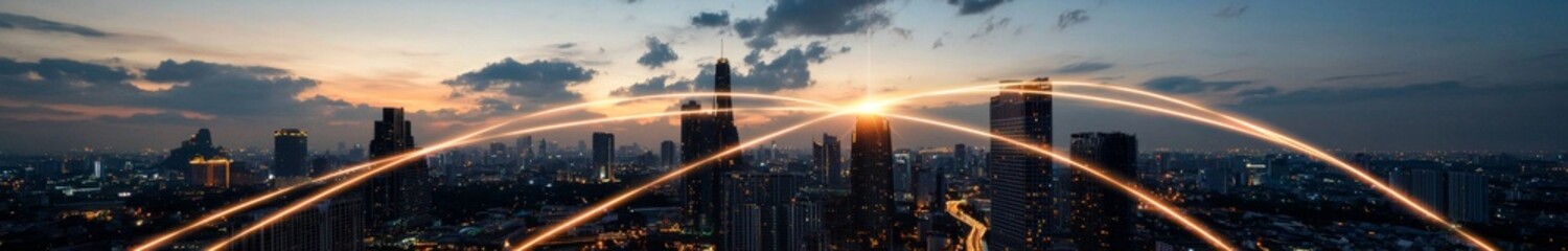 Poster - Panoramic view of a modern business district at night, featuring lines and dots of connection in the sky, part of a wireless internet network in a smart city