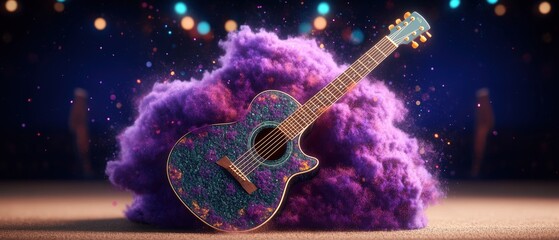 Poster - Guitar with purple dust background creating an artistic and colorful visual composition