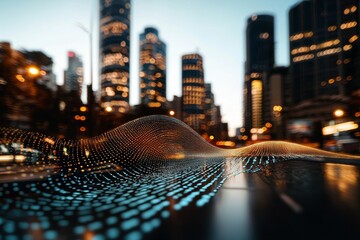 Poster - digital blue wavy wires and antennas illustrating smart city and big data connection technology, ove