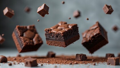 Delicious chocolate brownies floating in mid-air with cocoa powder, showcasing mouthwatering dessert photography