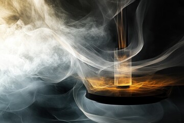 Poster - Colorful smoke swirling around a glowing glass container in a dark environment