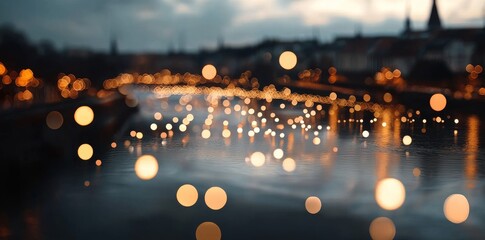 Poster - abstract smart city lights illuminate the night, casting a serene glow over a river bridge, symboliz