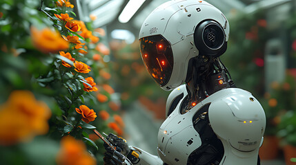 Robot tending flowers in futuristic greenhouse (2)