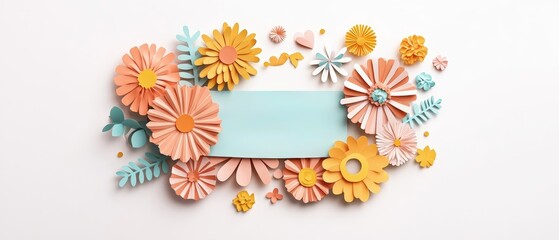 Poster - Colorful paper flowers arranged on a clean white background for decorative purposes