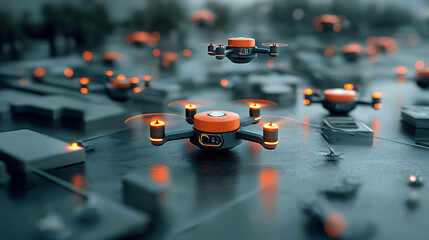 Poster - Drone surveillance operation over urban landscapes aerial photography modern city futuristic environment high angle view technology and innovation