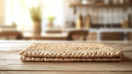 Poster - Warm wooden surface juxtaposed against a softly blurred kitchen ambiance offers an inviting space for showcasing products or crafting beautiful layouts. Ideal for creative projects