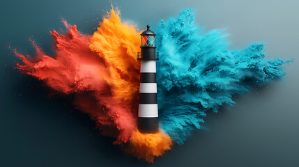 Poster - Dynamic lighthouse surrounded by colorful splash effects coastal setting digital art vibrant background artistic perspective creative concept for visual impact