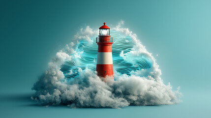 Poster - Dramatic lighthouse amidst turbulent waves coastal waters digital art surreal environment aerial view nature's power and isolation