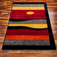 vibrant geometric area rug with bold curved shapes in red, orange, yellow, and black for a striking 