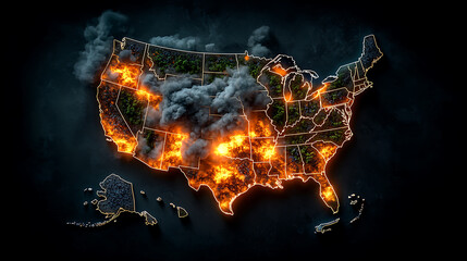 Poster - Wildfire outbreaks across the united states environmental crisis digital map visualization aerial view climate impact awareness