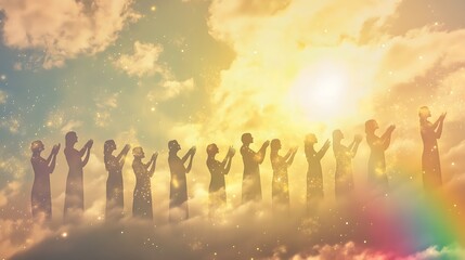 an angelic choir singing in the clouds, surrounded by divine light, creating a heavenly atmosphere o