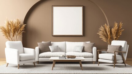 Poster - Modern white couch in a bright living room with stylish decor and natural light streaming in