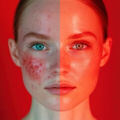 Fototapete - Comparison of skin conditions revealing acne and redness on one side and clear, radiant skin on the other, with room for text. Generative AI