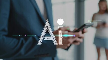 Aufkleber - Artificial intelligence symbol appearing on a smartphone used by a businessman in a bright office environment, presented as a slow motion montage