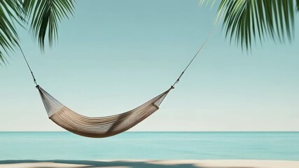 Aufkleber - Peaceful hammock gently swaying between palm trees, overlooking pristine ocean waters under bright blue sky, embodying tranquil tropical vacation atmosphere