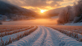Snowy field sunrise, winter landscape, misty valley