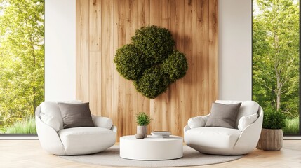 Poster - Spacious living room featuring a large wooden wall with modern furniture and a cozy atmosphere