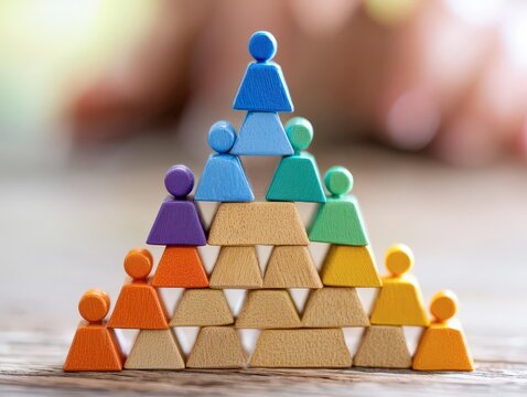 a pyramid illustrating business hierarchy Colorful Wooden Blocks Teamwork Concept