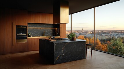 Poster - Modern kitchen with large windows overlooking a city skyline and urban landscape