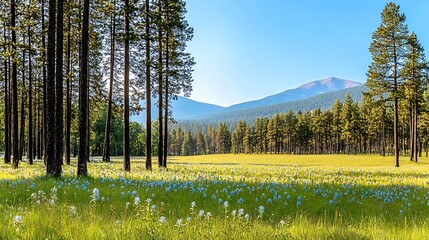 Canvas Print - Serene meadow filled with wildflowers under a clear blue sky surrounded by tall pine trees