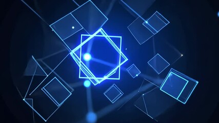 Poster - Digital Abstract:  A mesmerizing abstract composition of interconnected blue squares and triangles, floating in a dark void, emitting a soft, ethereal glow.