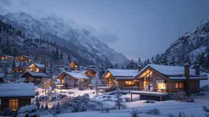 Poster - A tranquil mountain village blankets in snow during twilight, with warm lights glowing from cozy cabins and surrounding pine trees standing tall against the backdrop of snow capped mountains.