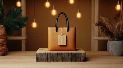 Poster - Brown paper bag placed on a wooden table surface in natural lighting