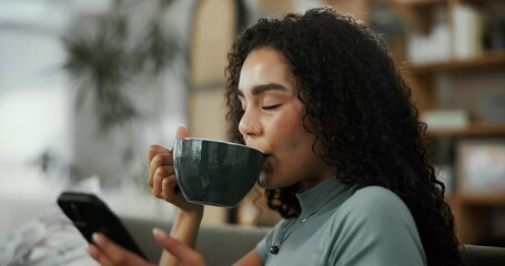 Aufkleber - Girl, phone and happy on sofa, coffee and texting with online dating, relax and web chat in home. Woman, person and smile with smartphone, drink and search on mobile app for valentines day in house