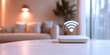 © LK  - Close-up of a Wifi technology Wifi router on a living room table with a holographic WiFi sign and with an antenna. High speed home internet concept.