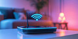 © LK  - Close-up of Wifi technology Wifi router on living room table with holographic WiFi sign and with antenna in neon lighting. High speed home internet concept.