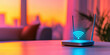 © LK  - Close-up of Wifi technology Wifi router on living room table with holographic WiFi sign and with antenna in neon lighting. High speed home internet concept.