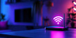 © LK  - Close-up of Wifi technology Wifi router on living room table with holographic WiFi sign and with antenna in neon lighting. High speed home internet concept.