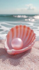 Aufkleber - A delicate pink pearl lies in a charming shell resting on soft sand, kissed by gentle waves. This enchanting beach scene embodies tranquility and allure, perfect for aesthetic lovers