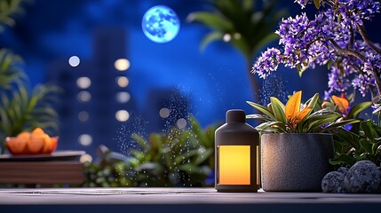 Canvas Print - Serene nighttime garden scene with glowing lantern, vibrant flowers, and city skyline in background