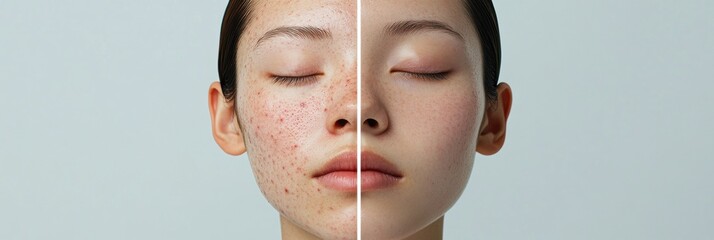 Poster - Split face comparison revealing acne and redness on one side and smooth glowing skin on the other for skincare analysis. Generative AI