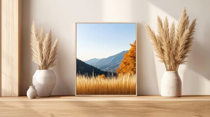 Poster - Frame on a shelf with a decorative vase and a green plant creating a cozy interior design element