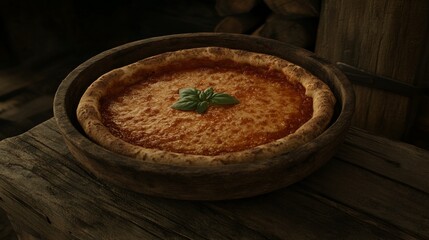 A rustic kitchen scene featuring a baked mozzarella and tomato dish, captured in a food photograph