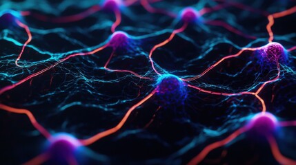 Poster - Digital Health Concepts. Vibrant, abstract representation of interconnected nodes and lines, illustrating a futuristic digital network or molecular structure.