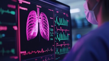 Fototapete - Digital Health Concepts. A healthcare professional analyzes digital lung scans and heart rate data on a computer monitor in a clinical setting.