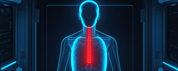 Fototapete - Digital Health Concepts. A glowing digital human figure with a highlighted spine, illustrating a futuristic representation of anatomy and technology.