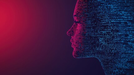 Leinwandbilder - Digital Health Concepts. Digital silhouette of a human face composed of binary code, illuminated by vibrant red and blue lights, symbolizing technology and data.