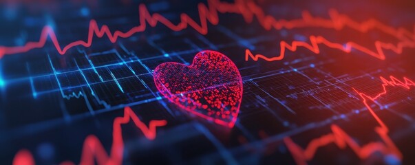 Fototapete - Digital Health Concepts. Digital heart visual with heartbeat lines, symbolizing health, technology, and data in a vibrant, colorful design.