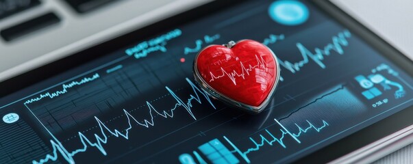 Leinwandbilder - Digital Health Concepts. A red heart icon rests on a digital screen displaying a heartbeat monitor, symbolizing health and technology in medical care.